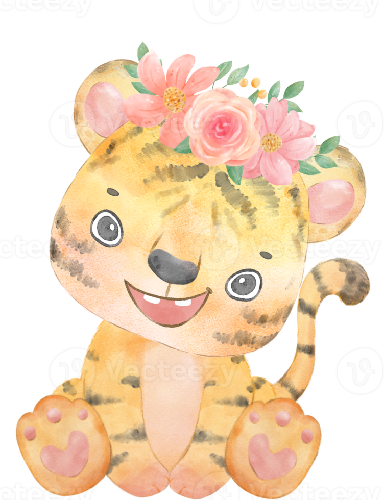 cute baby playful tiger with floral crown, whimsical children animal watercolour illustration png