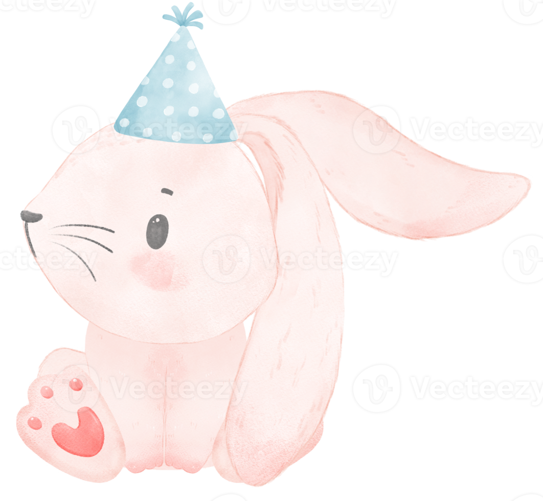 Adorable whimsical happy baby pink bunny rabbit with colourful party hat, children watercolor illustration png