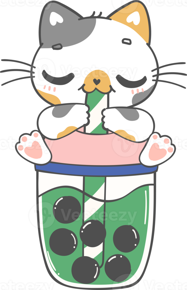 Kawaii funny bubble tea cat lover, cute boba tea kitten cartoon doodle hand drawing png