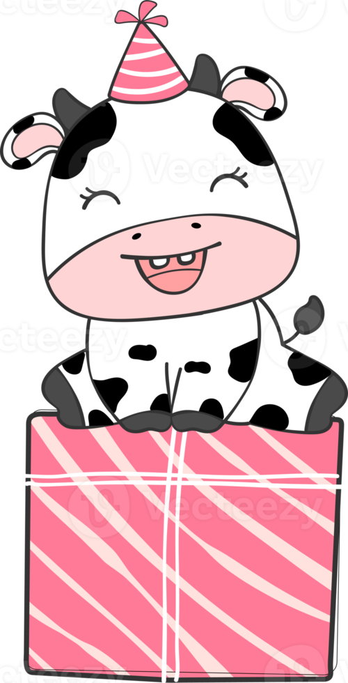 Cute happy smile baby cow celebrating birthday party children cartoon character doodle hand drawing png