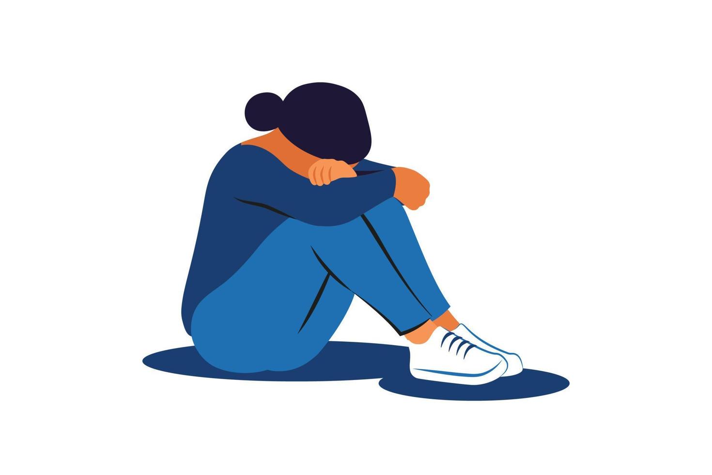 Depression woman sit on the floor and hugging her knees. Anxiety, woman fears and phobias. Vector illustration.