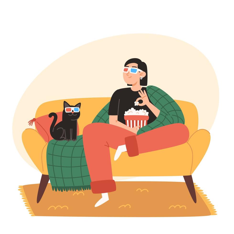 A young woman and her cat are sitting on a cozy sofa and watching a movie vector