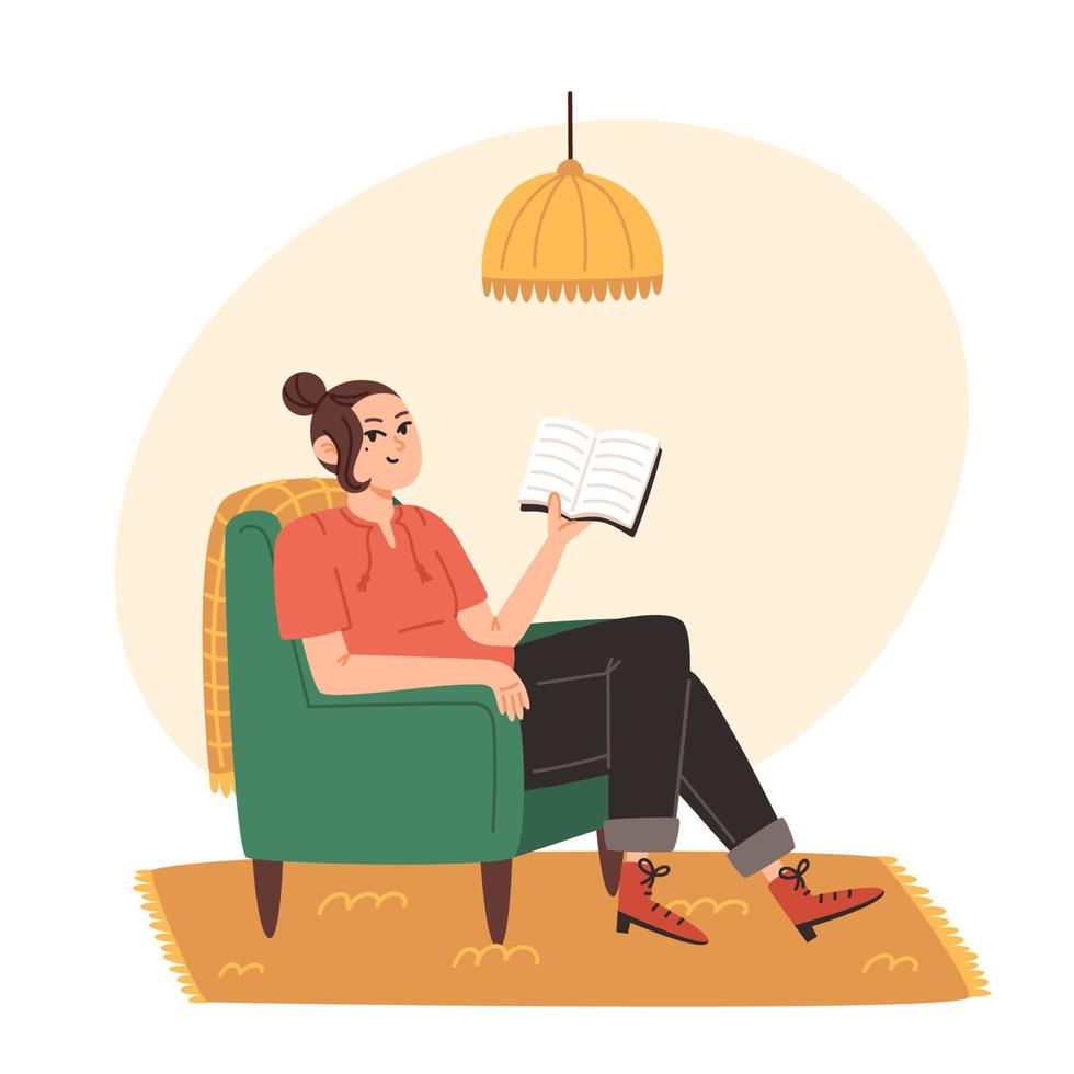 Young woman sitting on armchair and reading book at home vector