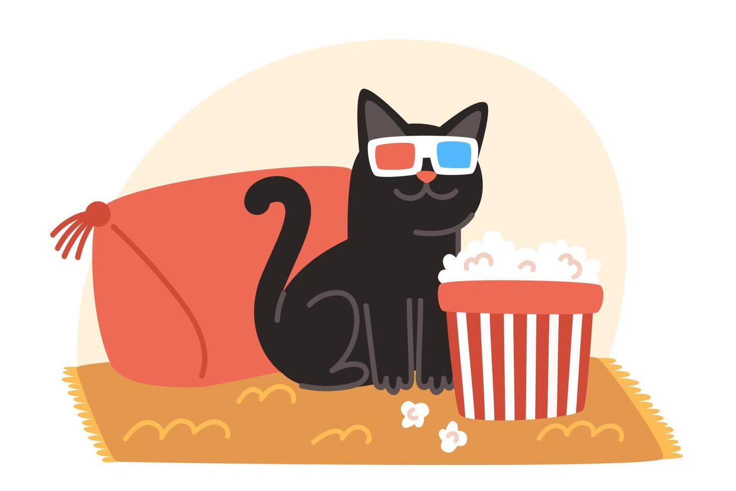 un gato con 3d lentes relojes un película y come palomitas de maiz vector