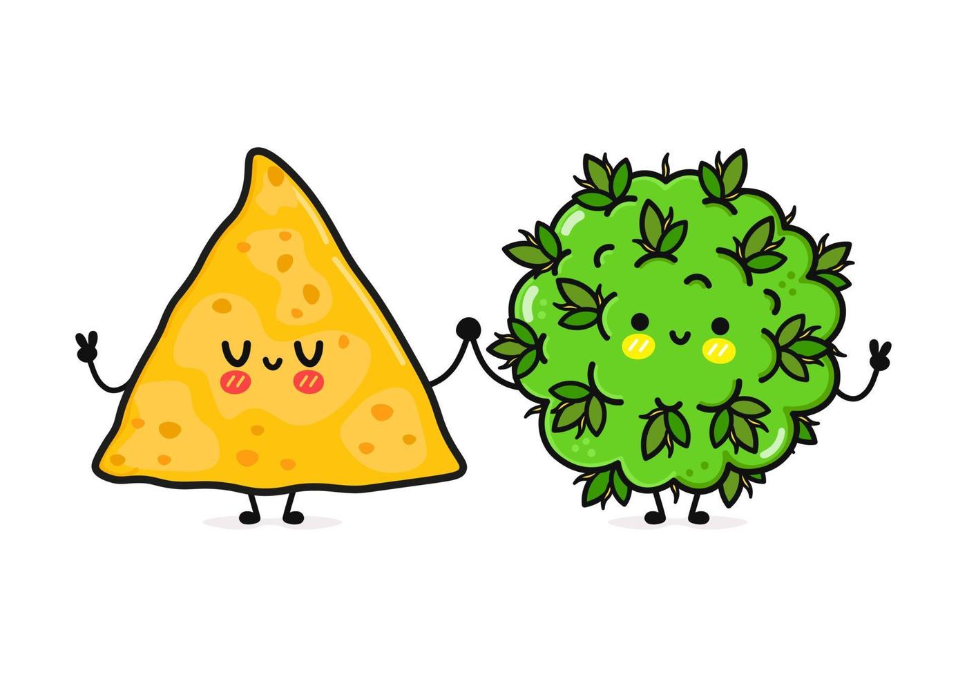 Cute, funny happy nachos and marijuana weed bud character. Vector hand drawn cartoon kawaii characters, illustration icon. Funny cartoon happy nachos and marijuana weed bud friends