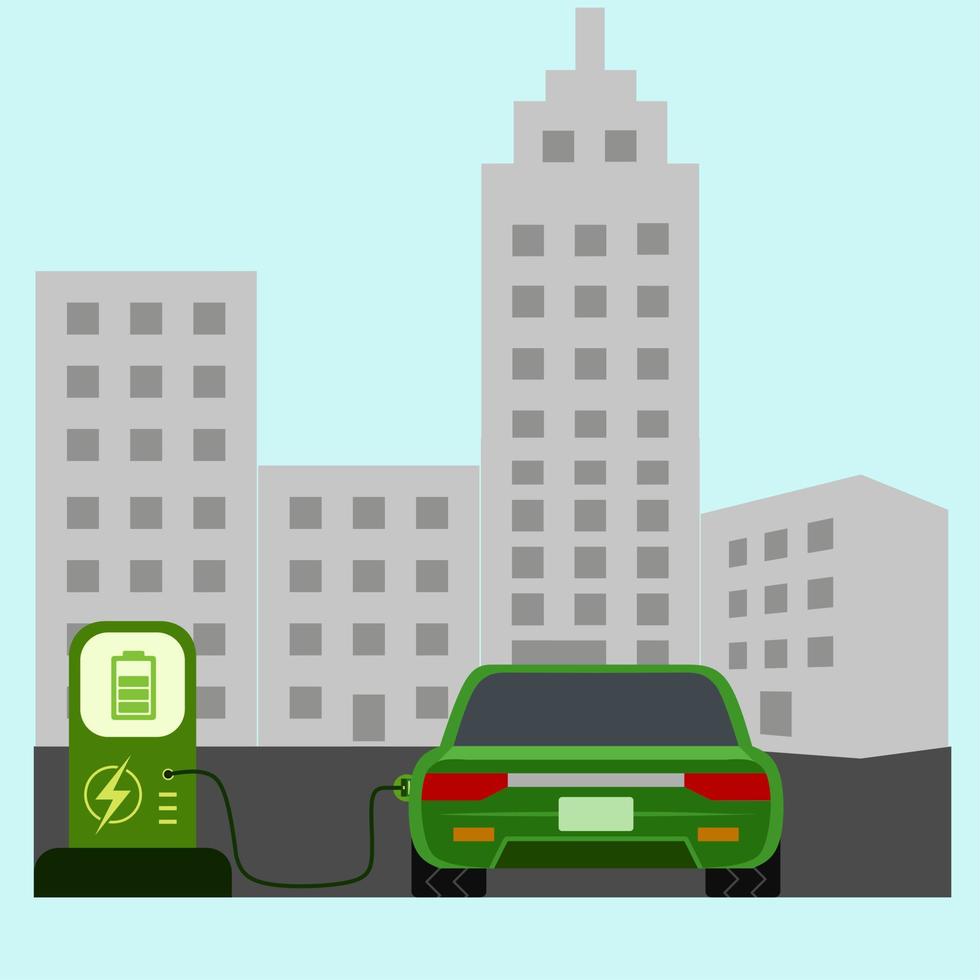 Electric vehicle vector illustration. Electric car at charging station. Technology transportation of electric vehicle in the city. Illustration of future technology for green energy and environment