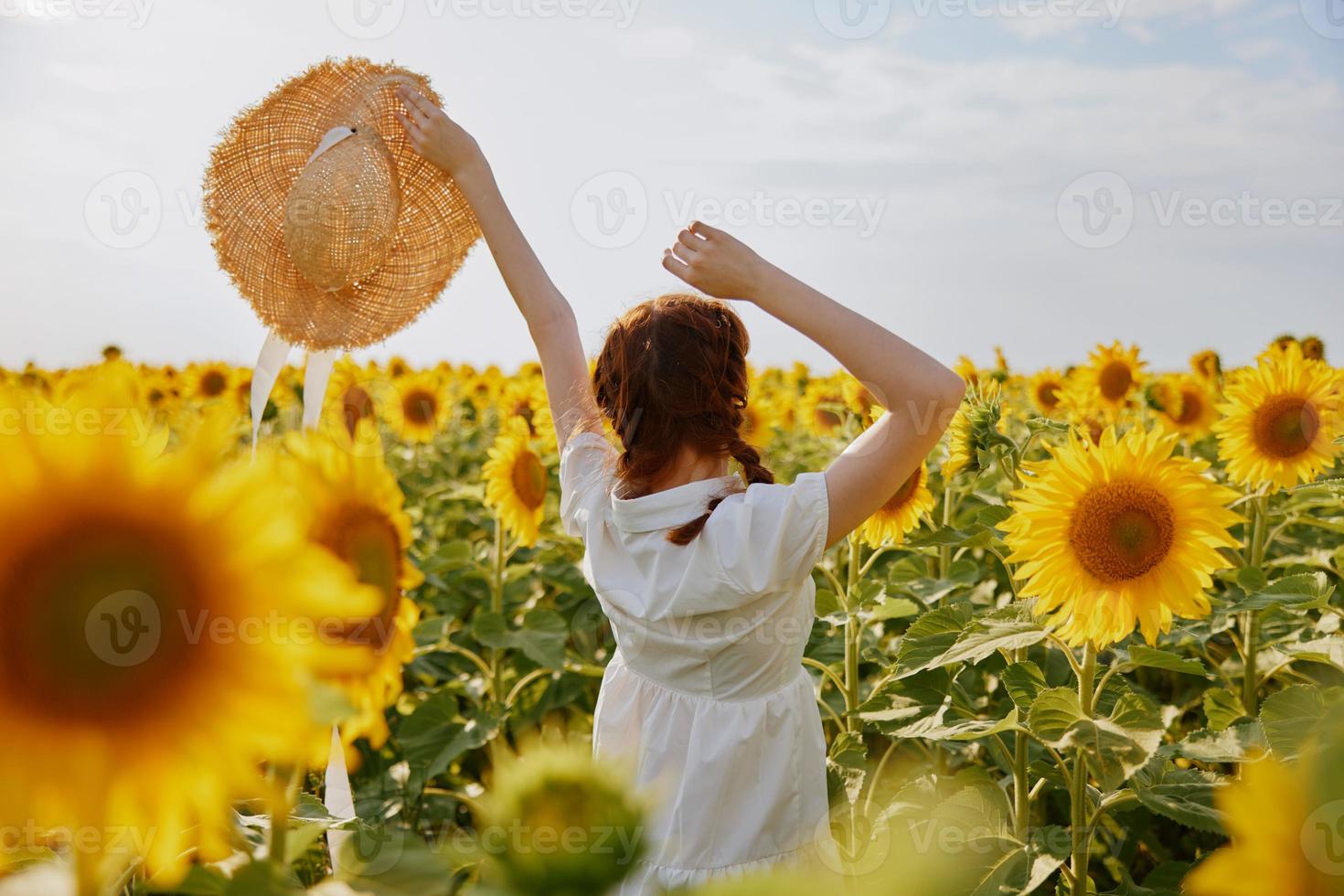 mujer con coletas en un blanco vestir con elevado manos un campo de girasoles foto