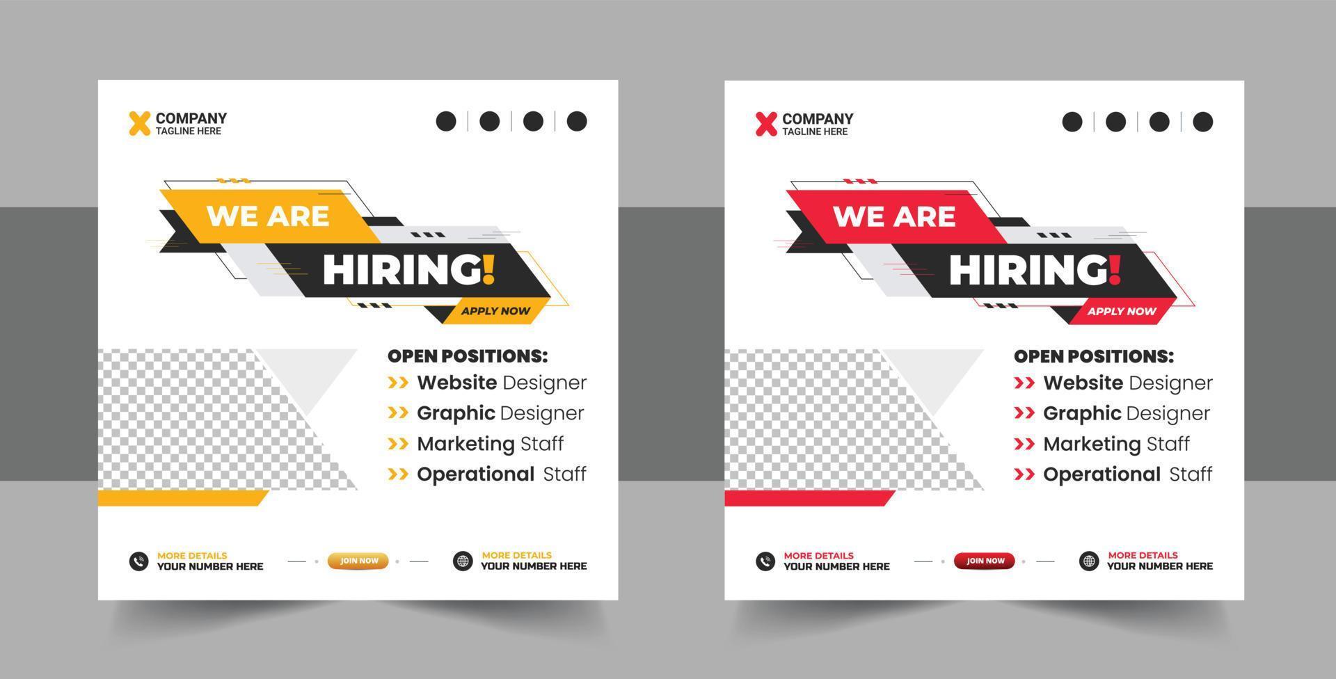 We are hiring job vacancy social media post banner design template with red color. We are hiring job vacancy square web banner vector