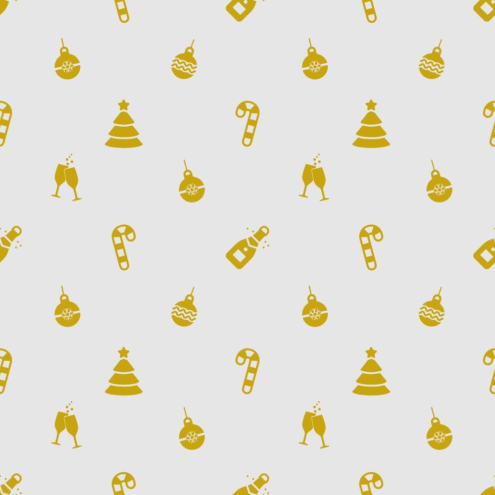 Christmas seamless pattern of big and small snowflakes and various Xmas symbols, golden on light gray backgroun. vector