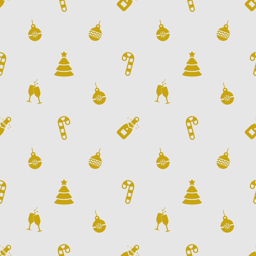 Christmas seamless pattern of big and small snowflakes and various Xmas symbols, golden on light gray backgroun. vector