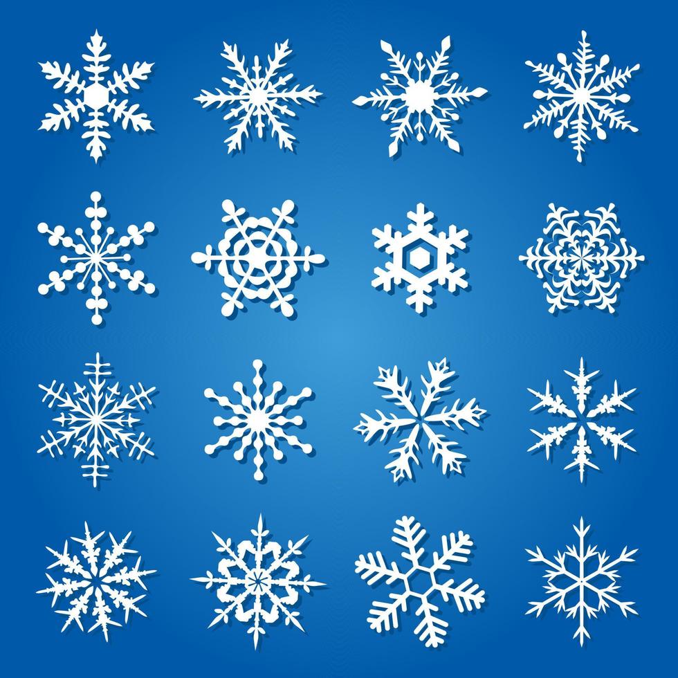 Flat snowflakes, icons isolated on a blue background. vector