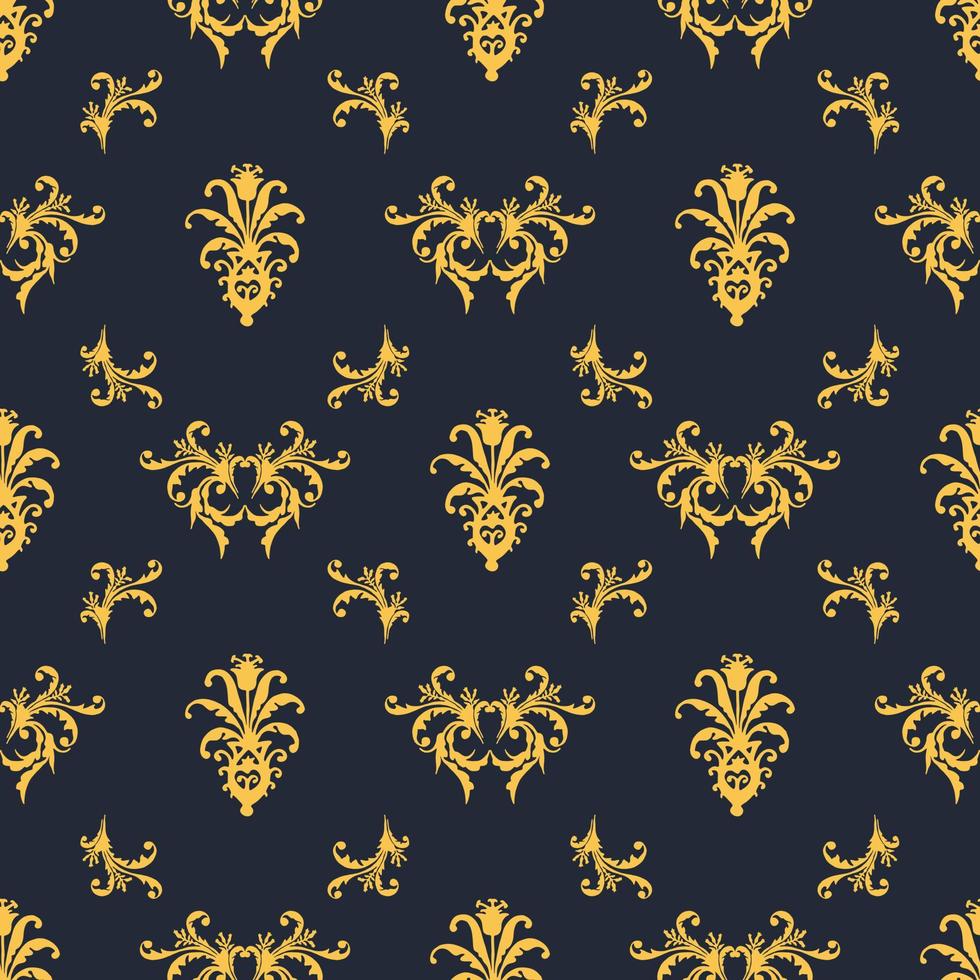 Seamless vector gold and dark blue ornament for fabric, wallpaper, packaging, ornate Damask flower ornament.