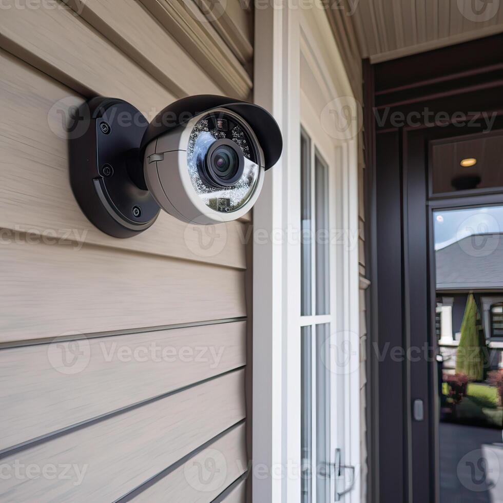 seguridad, cctv cámaras en el oficina edificio, y hogar seguridad sistema concepto con difuminar antecedentes. al aire libre cctv seguridad cámara instalado en el edificio pared en el ciudad. generativo ai foto