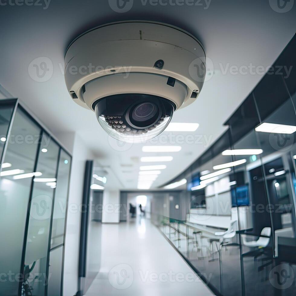 seguridad, cctv cámaras en el oficina edificio, y hogar seguridad sistema concepto con difuminar antecedentes. al aire libre cctv seguridad cámara instalado en el edificio pared en el ciudad. generativo ai foto