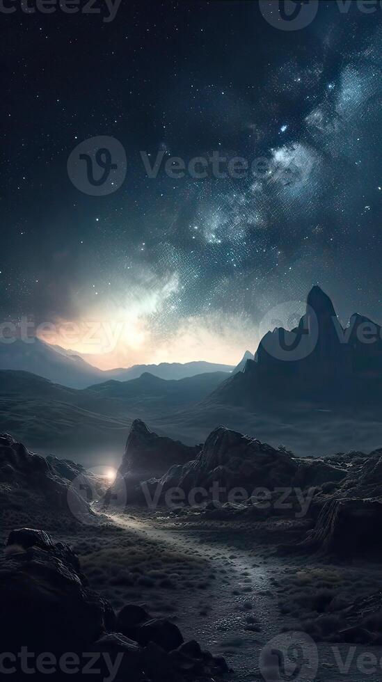 Milky Way and mountains at night. Beautiful landscape with bright milky way arch, rocky path, starry sky at night in Nepal. Trail in mountain valley, sky with stars. photo