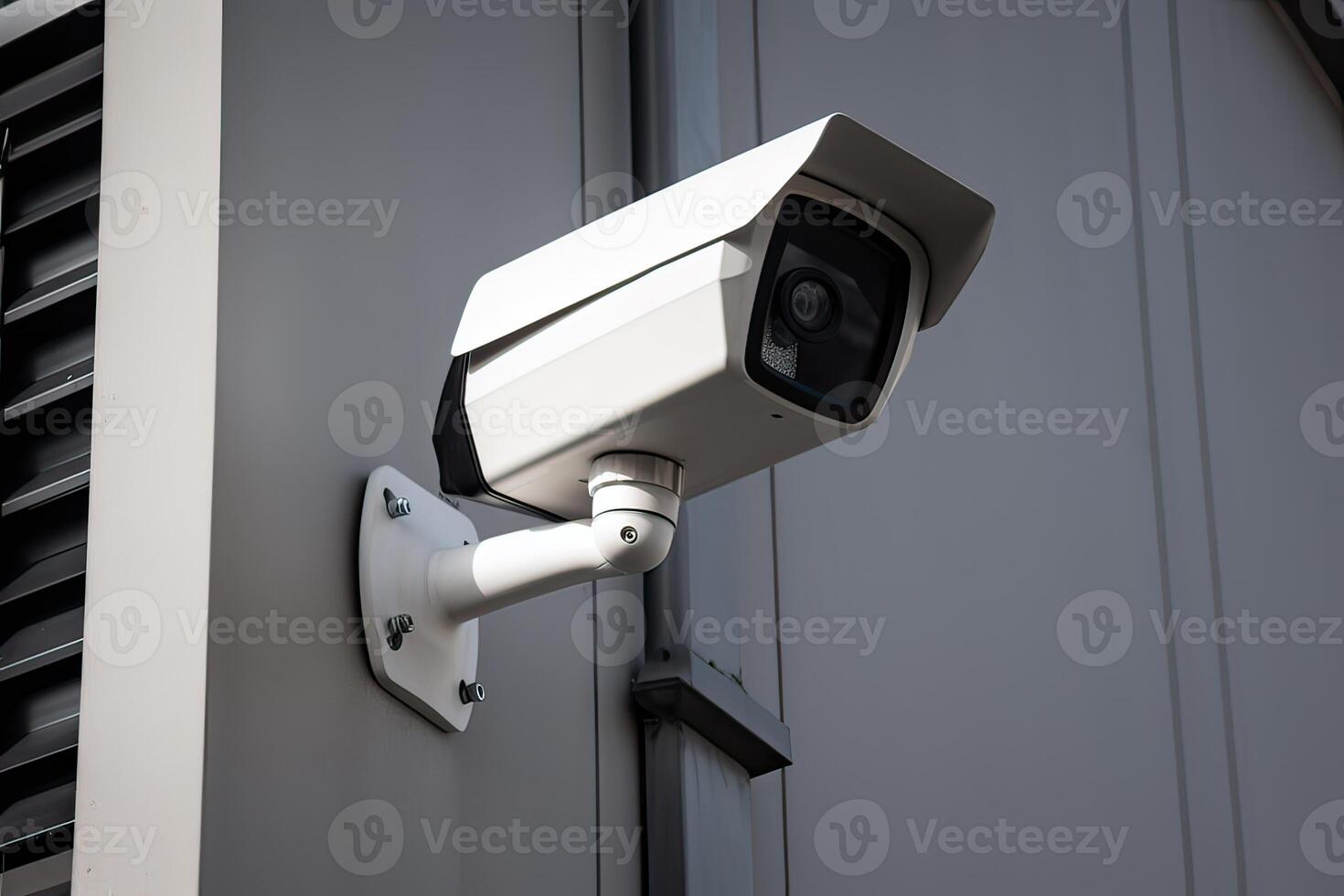 seguridad, cctv cámaras en el oficina edificio, y hogar seguridad sistema concepto con difuminar antecedentes. al aire libre cctv seguridad cámara instalado en el edificio pared en el ciudad. generativo ai foto