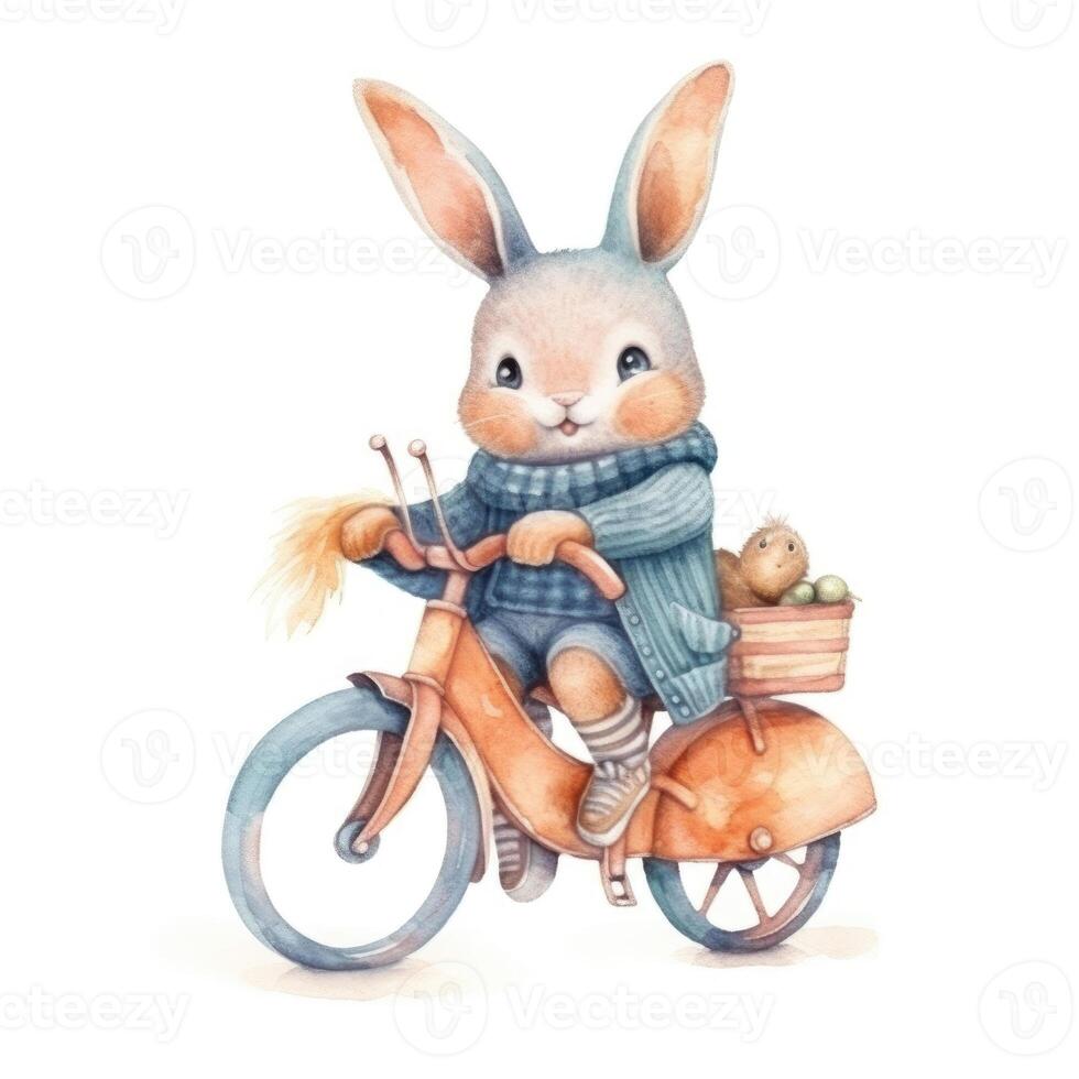 bicycle,bunny, Easter eggs. Watercolor clipart, on an isolated background, in cartoon style. photo