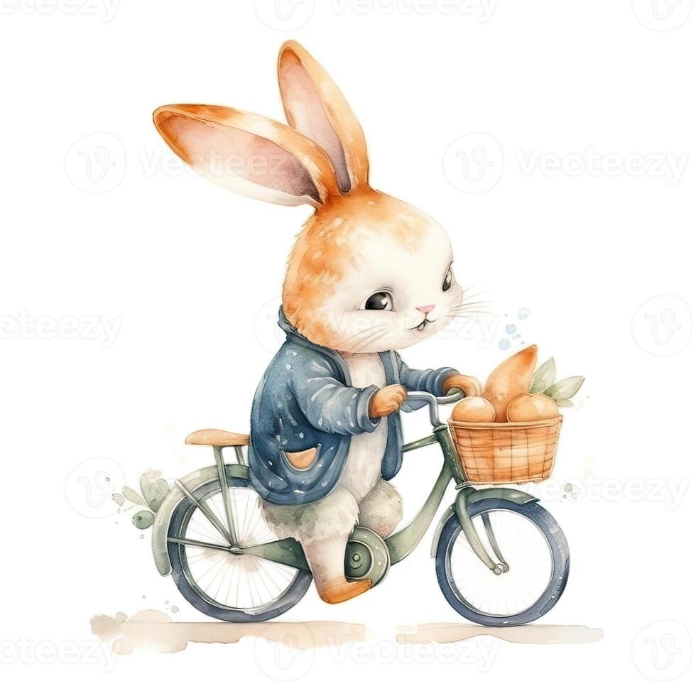 bicicleta, conejito, Pascua de Resurrección huevos. acuarela clipart, en un aislado fondo, en dibujos animados estilo. generativo ai foto