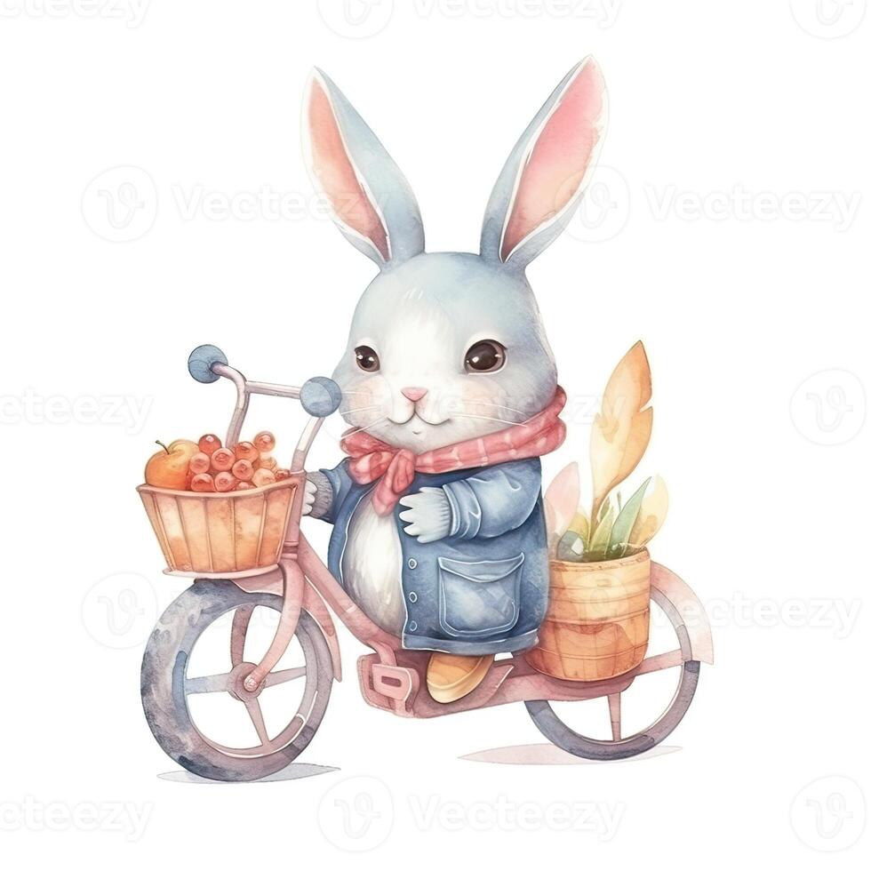 bicycle,bunny, Easter eggs. Watercolor clipart, on an isolated background, in cartoon style. photo