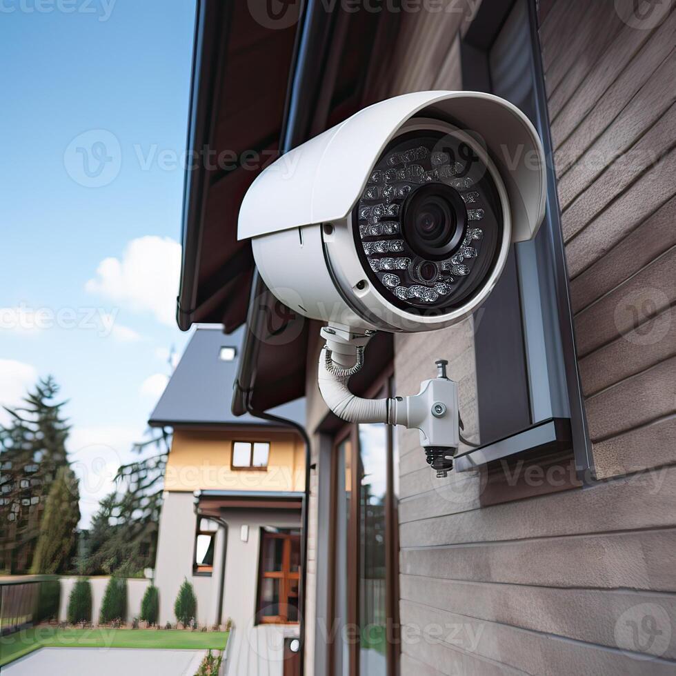 Security, CCTV cameras in the office building, and home security system concept with blur background. Outdoor CCTV Security camera installed on the building wall in the city. photo