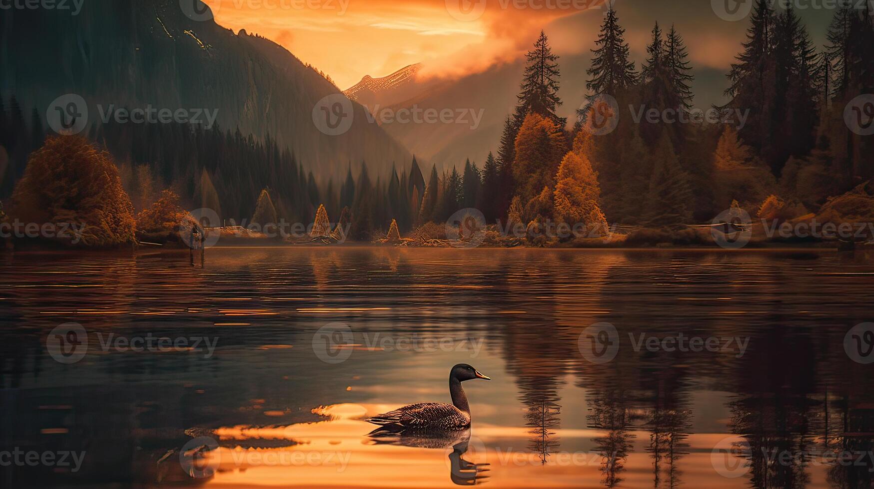 cisnes en montaña lago agua. hermosa montaña lago paisaje. lago en montañas. generativo ai. foto