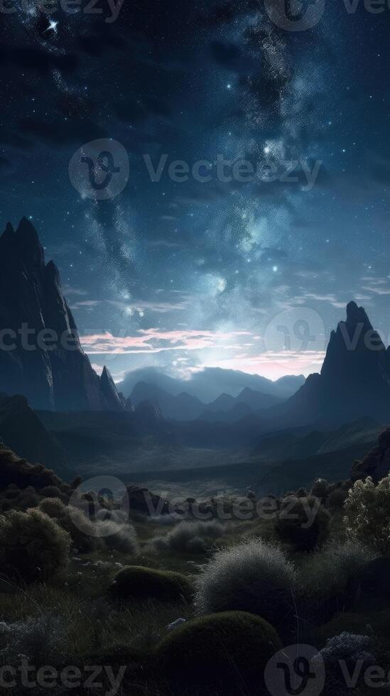 lechoso camino y montañas a noche. hermosa paisaje con brillante lechoso camino arco, rocoso camino, estrellado cielo a noche en Nepal. sendero en montaña valle, cielo con estrellas. generativo ai foto