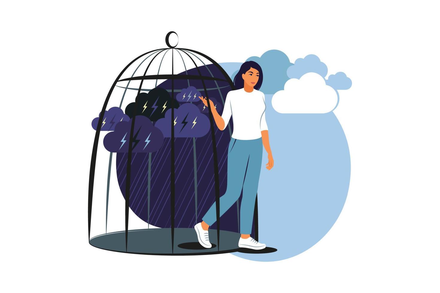 Woman come out of cage recover from depression. Happy girl becoming free, getting ready for new life without mental problems. Freedom and rehabilitation. Vector illustration.
