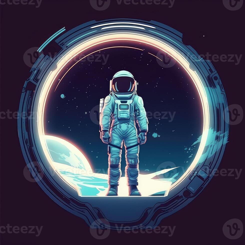 Astronaut in outer space behind the porthole. Created with . photo