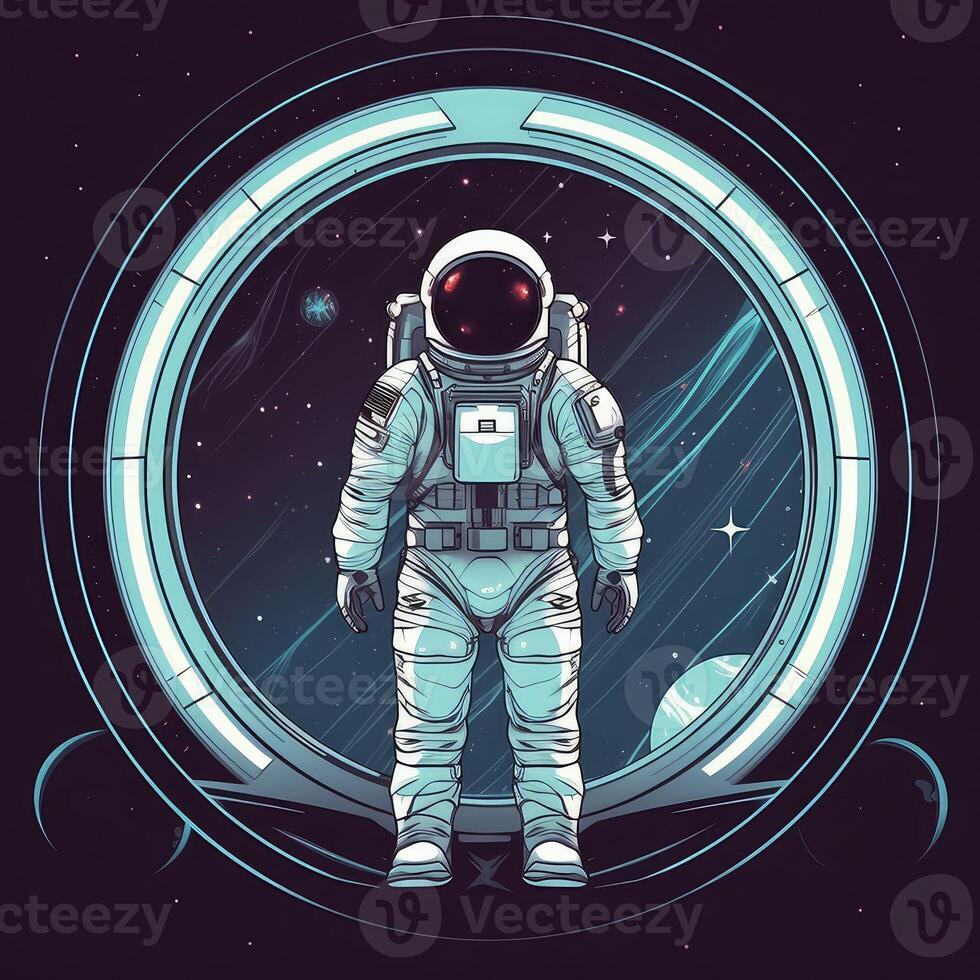 Astronaut in outer space behind the porthole. Created with . photo
