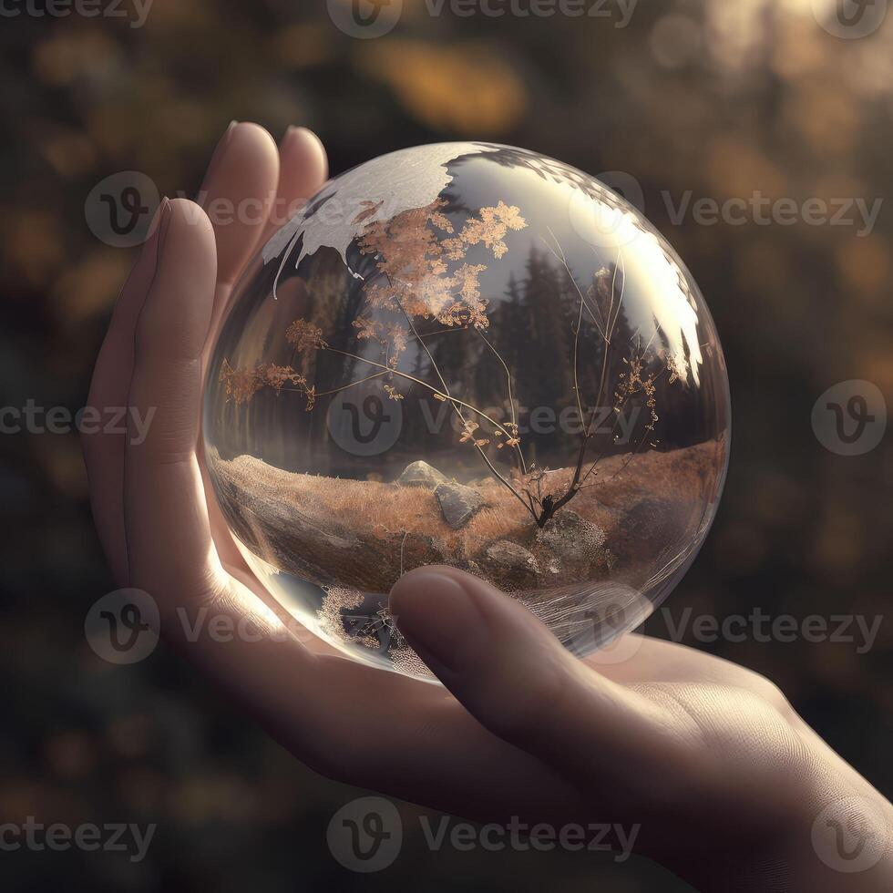 Earth crystal glass globe ball and growing tree in human hand on green sunny background. Ecology concept. Card for World Earth Day. Created with . photo