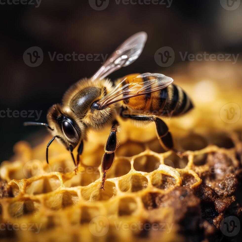 Closeup of bee on honeycomb in apiary. Created with . photo