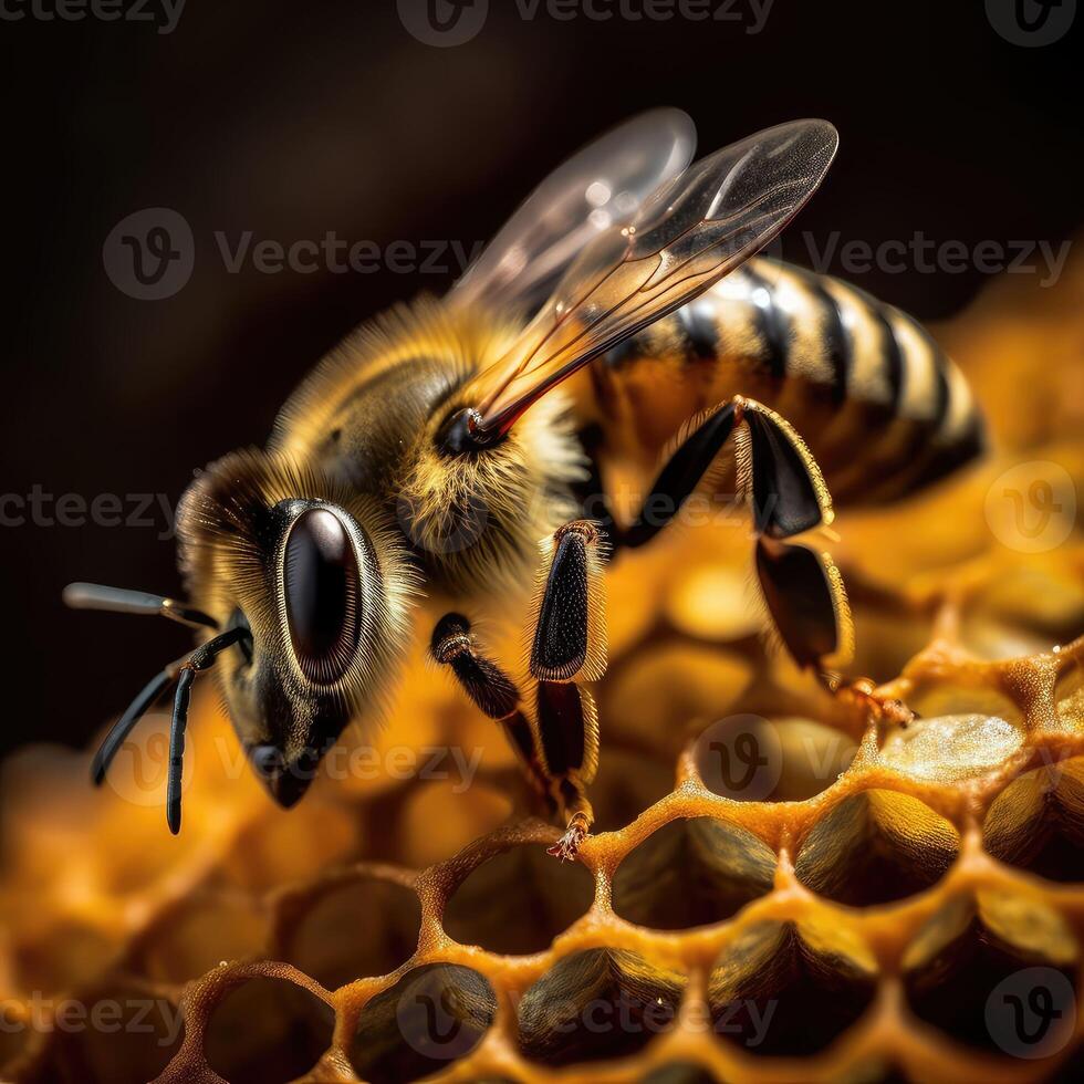 Closeup of bee on honeycomb in apiary. Created with . photo