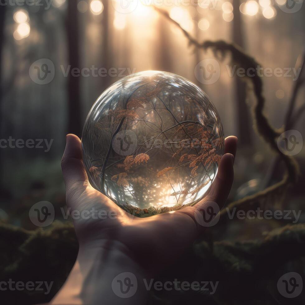 Earth crystal glass globe ball and growing tree in human hand on green sunny background. Ecology concept. Card for World Earth Day. Created with . photo