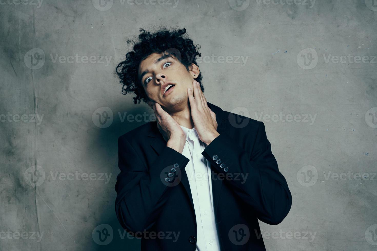 funny man in suit curly hair fashion self confidence photo