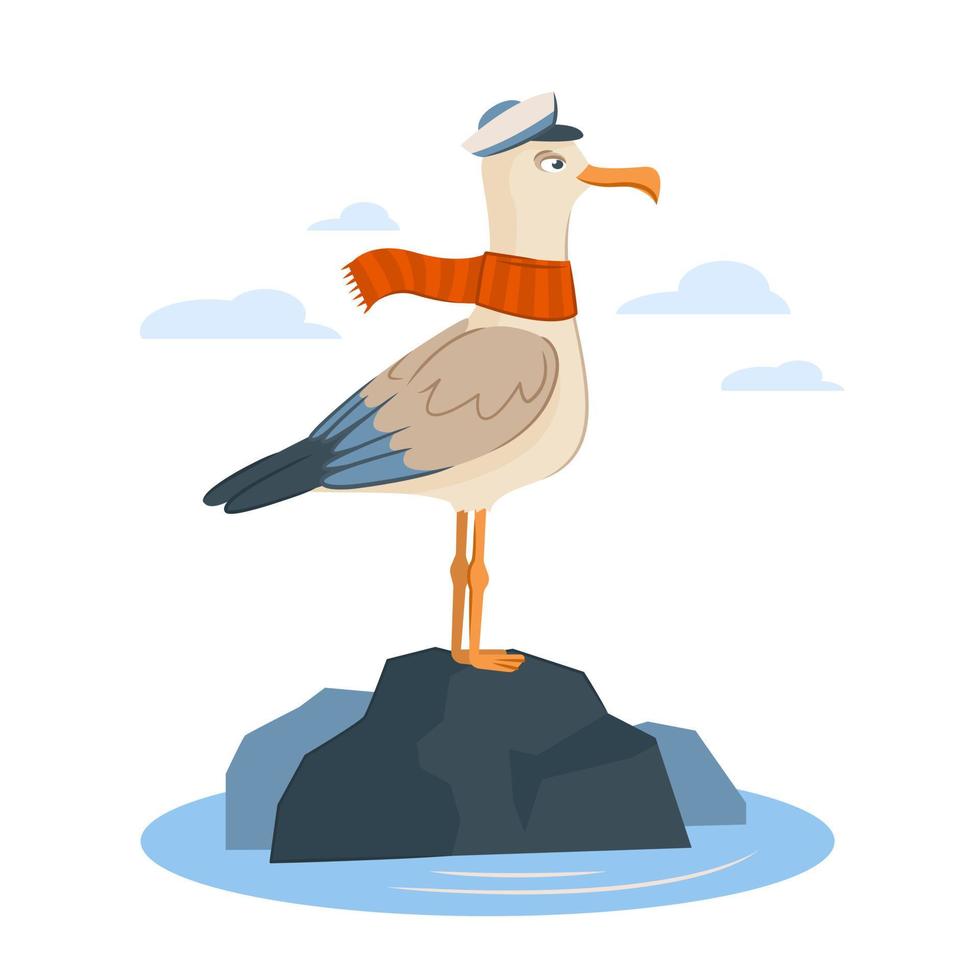 The sailor is a seagull. A cute funny sea or ocean bird in captain's clothes stands on a rock and looks into the distance. Vector cartoon illustration