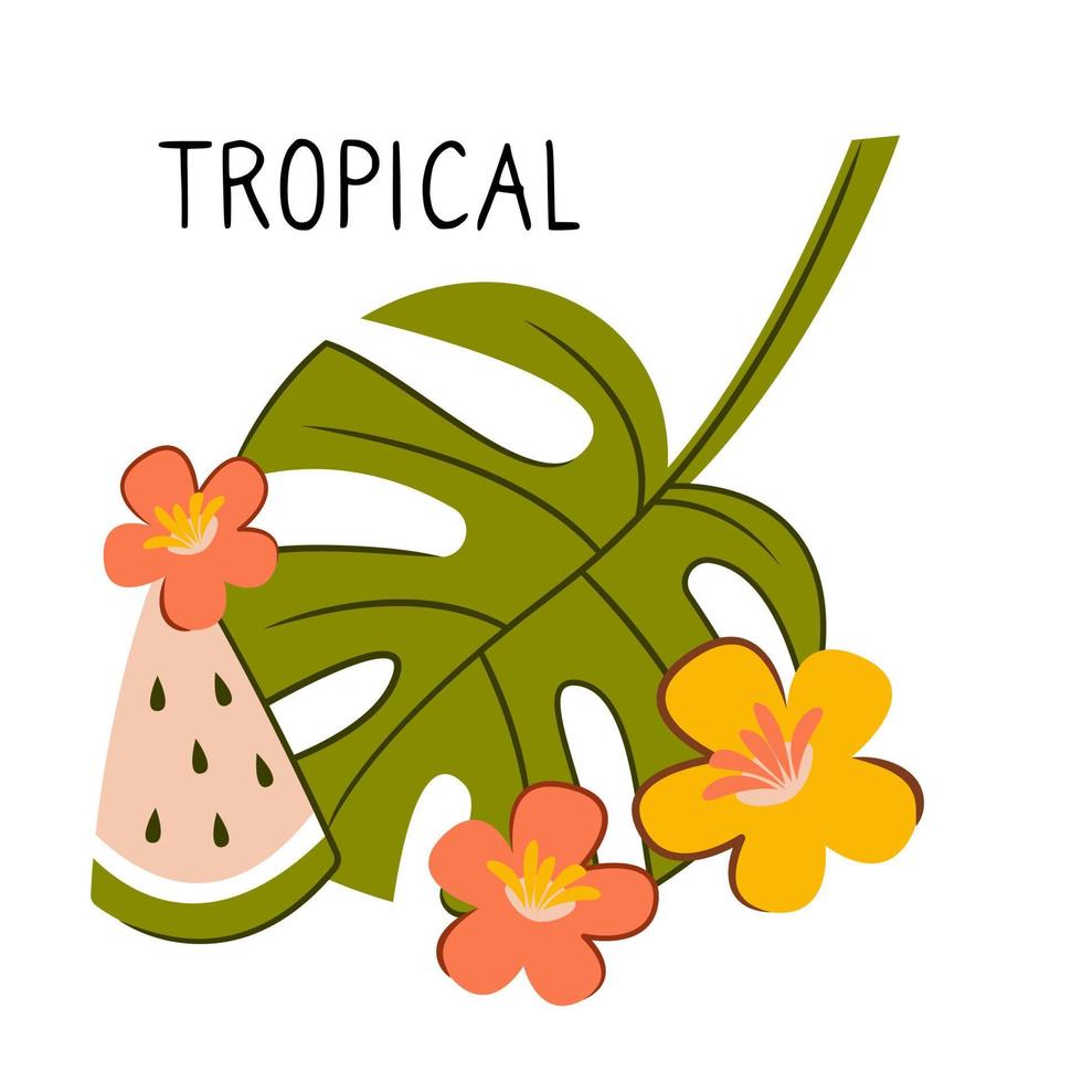 A composition with tropical, exotic leaves and hibiscus flowers, isolated elements. vector illustration