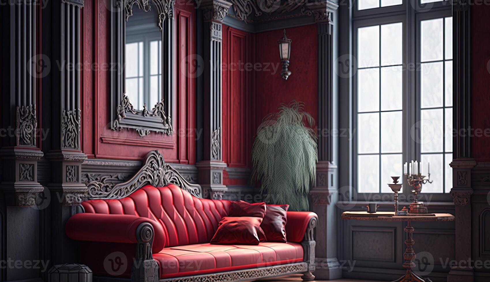 Interior dark wall with wooden molds and wooden carving decorations and red sofa . Old classic Victorian interior style. photo