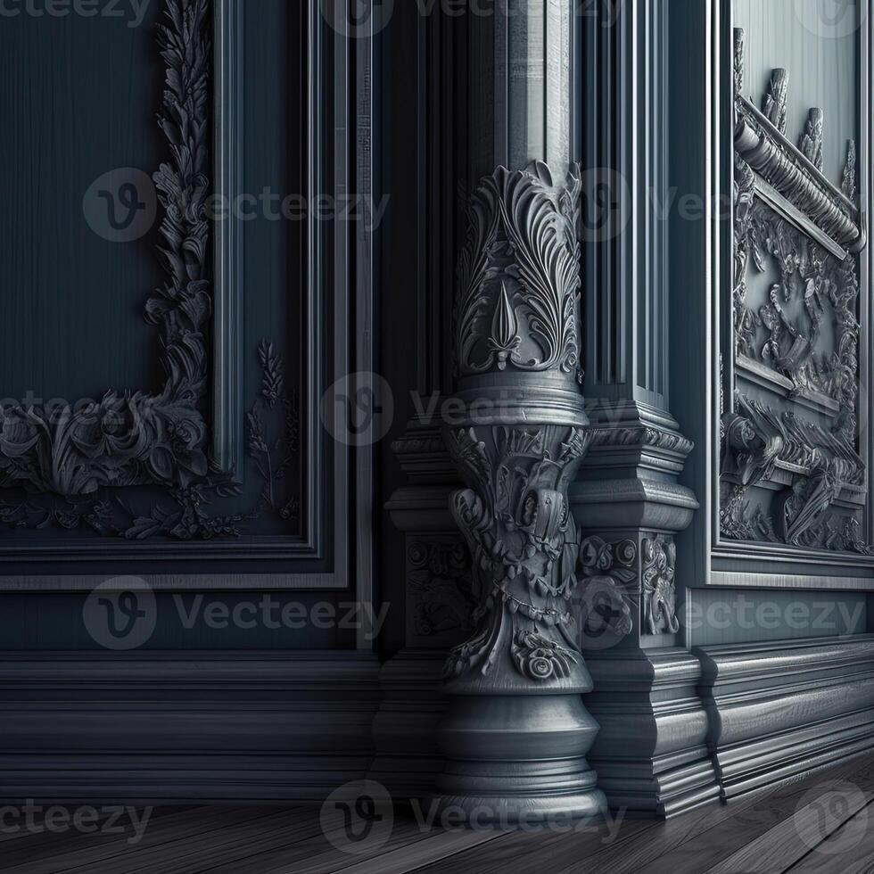 Interior dark wall with wooden molds and wooden carving. Old classic Victorian interior style. photo