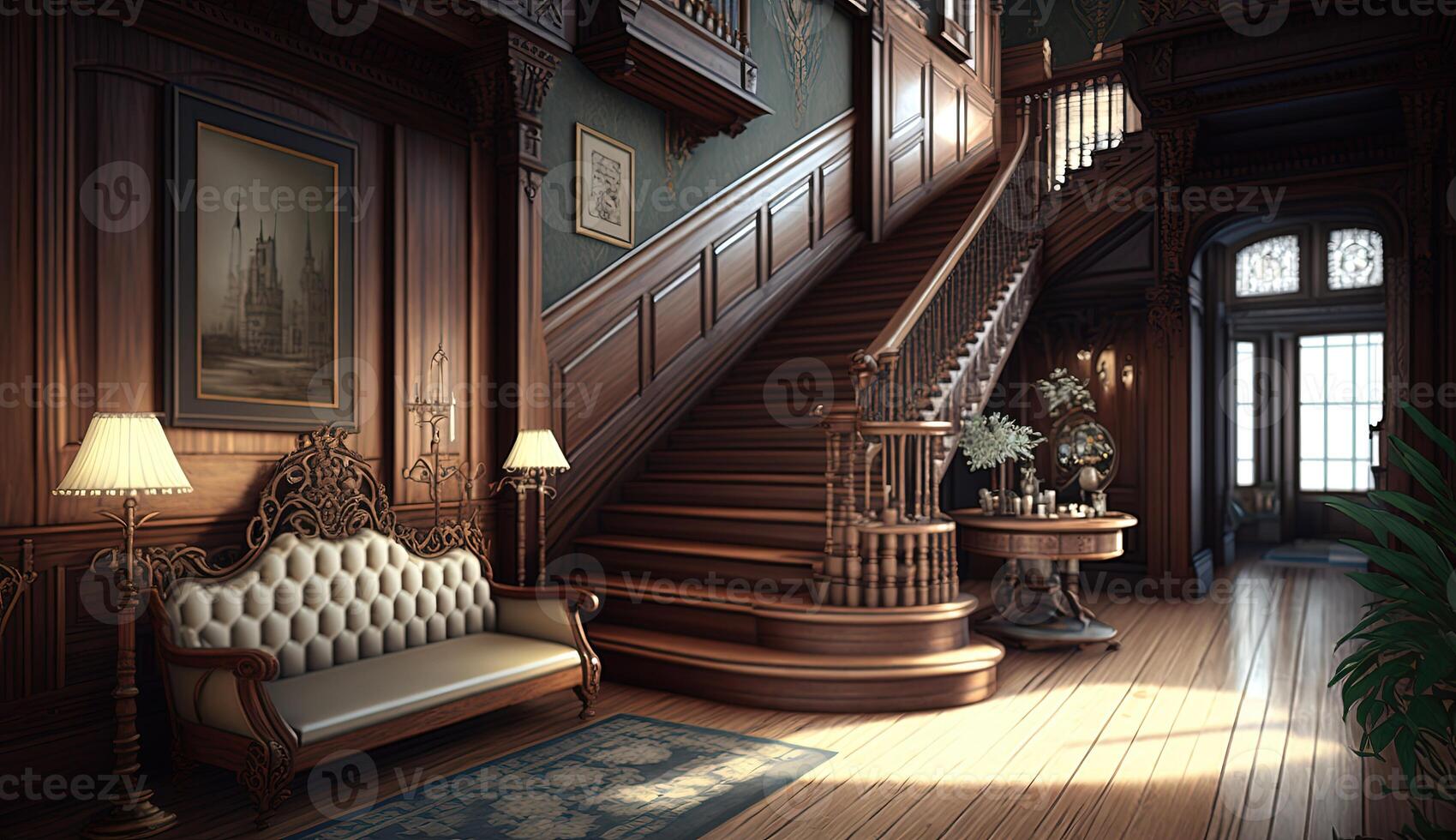 Dark gothic mansion hall in victorian style interior with staircase and lamp holders. photo