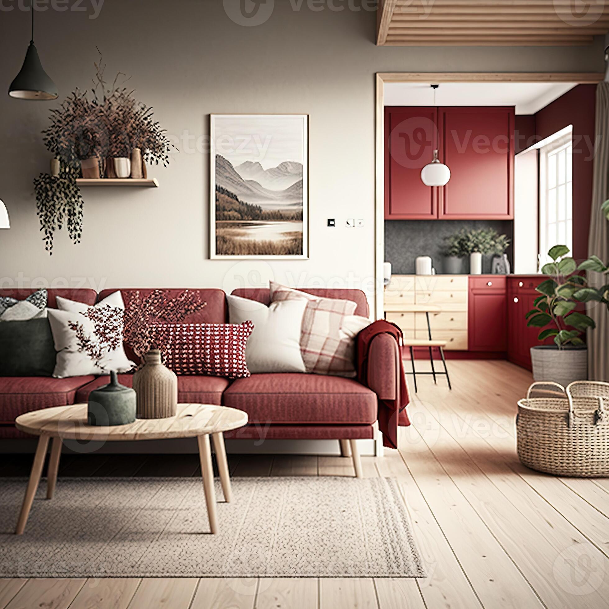 Cozy Living Room With Red Sofa In