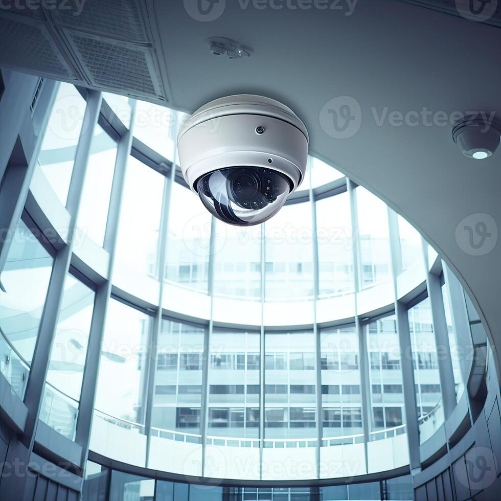 seguridad, cctv cámaras en el oficina edificio, y hogar seguridad sistema concepto con difuminar antecedentes. al aire libre cctv seguridad cámara instalado en el edificio pared en el ciudad. generativo ai foto