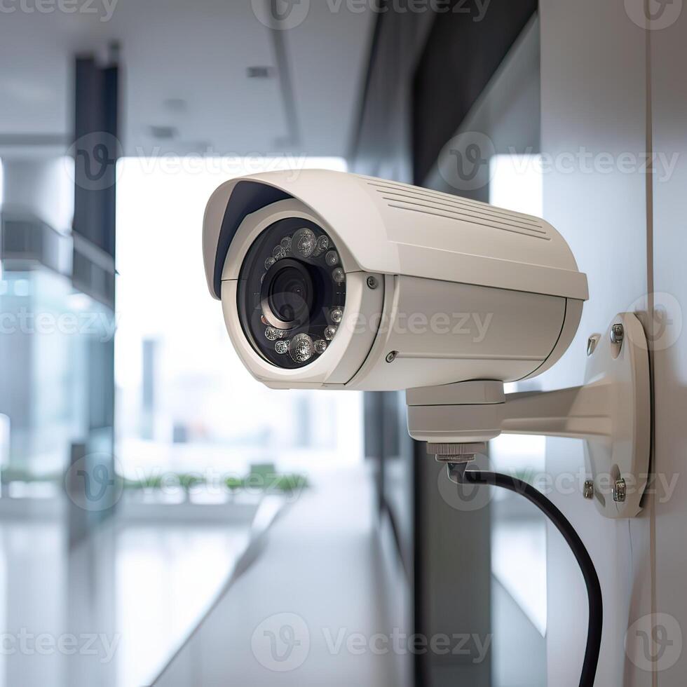 Security, CCTV cameras in the office building, and home security system concept with blur background. Outdoor CCTV Security camera installed on the building wall in the city. photo