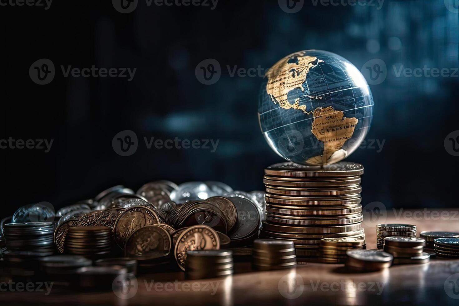 Globe and stack with coins. Money makes the world go round. photo