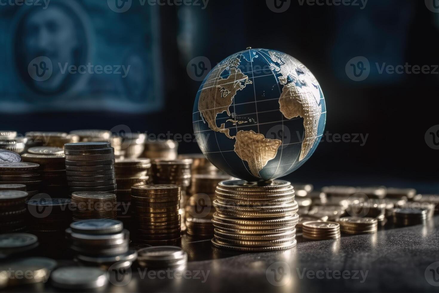 Globe and stack with coins. Money makes the world go round. photo