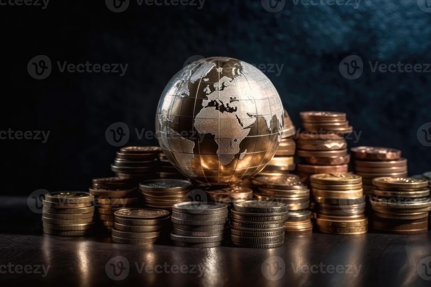Globe and stack with coins. Money makes the world go round. photo
