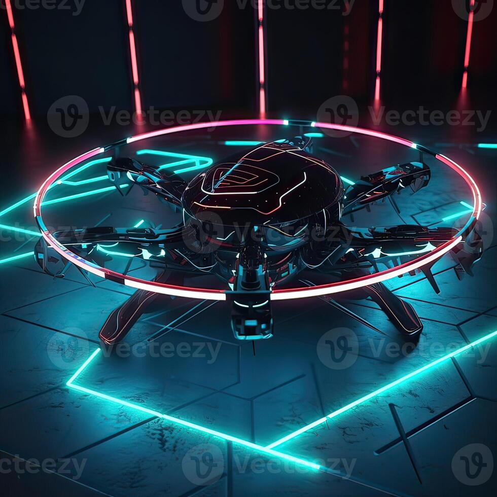 Neon drone with camera. Neon drone color. illustration of a quadrocopter consisting of neon outlines, with backlight on the dark background. . photo