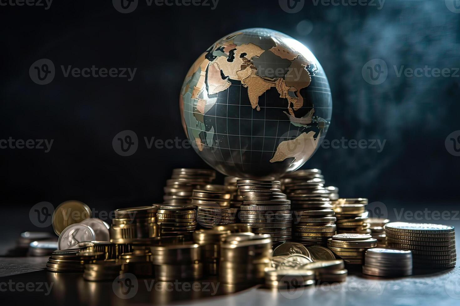 Globe and stack with coins. Money makes the world go round. photo