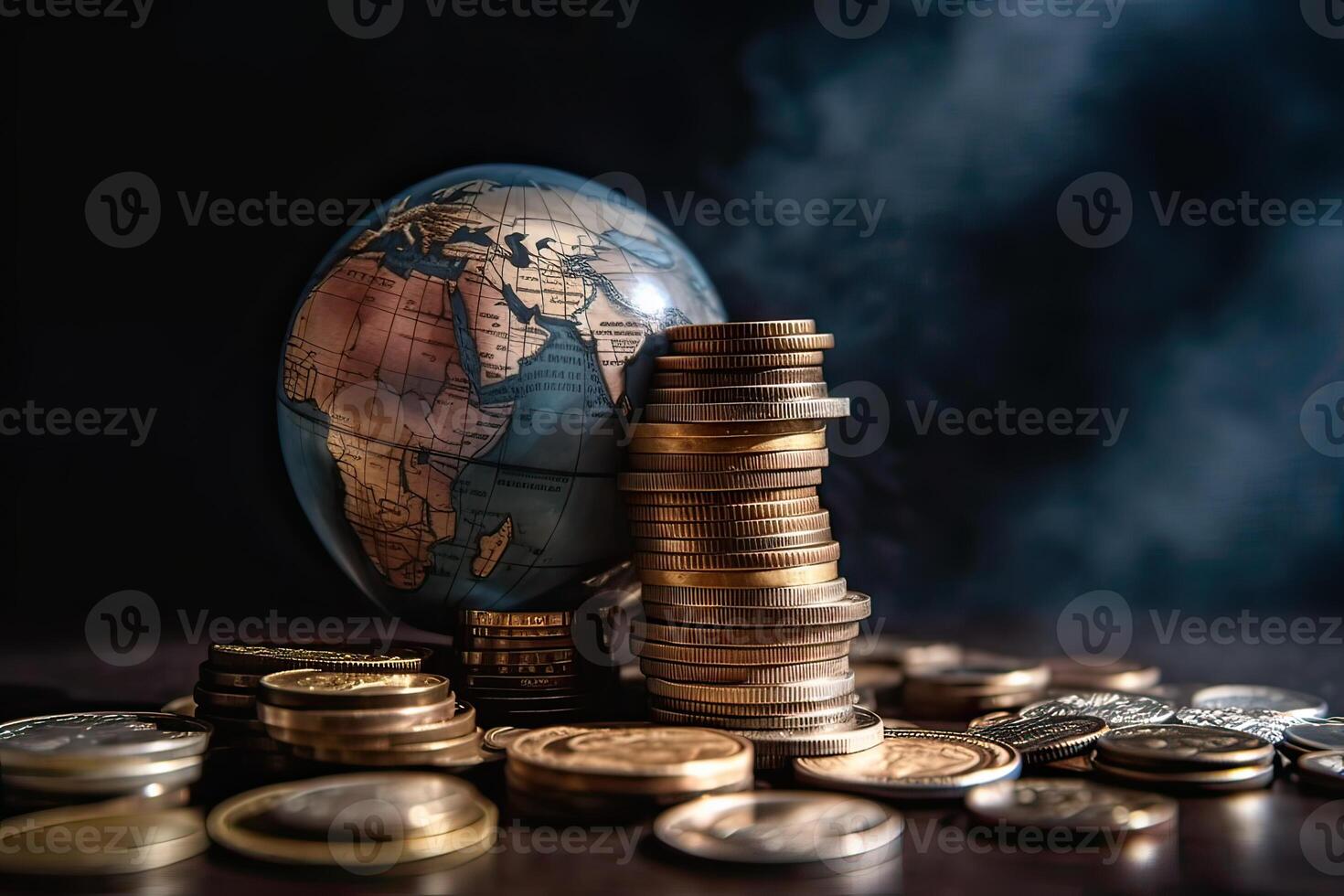 Globe and stack with coins. Money makes the world go round. photo