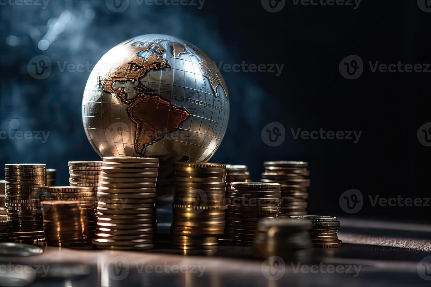 Globe and stack with coins. Money makes the world go round. photo