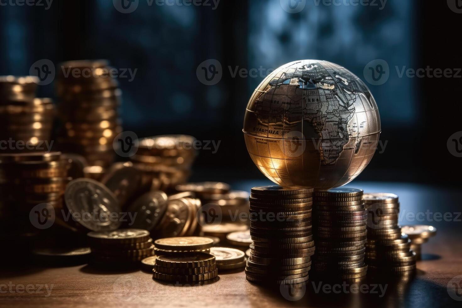 Globe and stack with coins. Money makes the world go round. photo